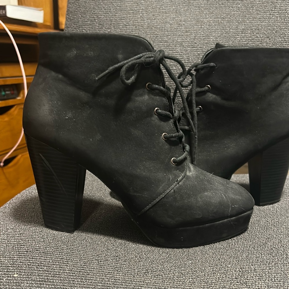 Black stacked heeled lace boots